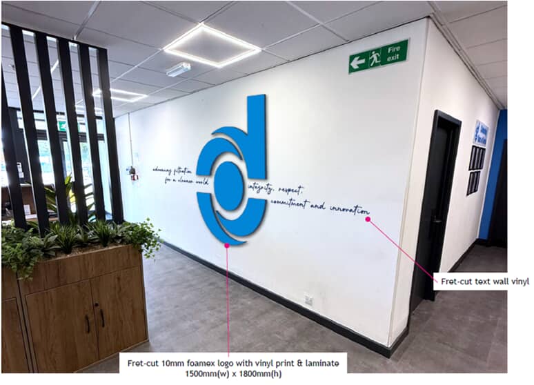 Signs and graphics phase 2 visual concept: fret-cut foamex Donaldson logo with wall vinyl graphic lettering.